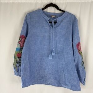 Chico's Blue Embellished Blouse with 3/4
Sleeves, parakeet print Size: M